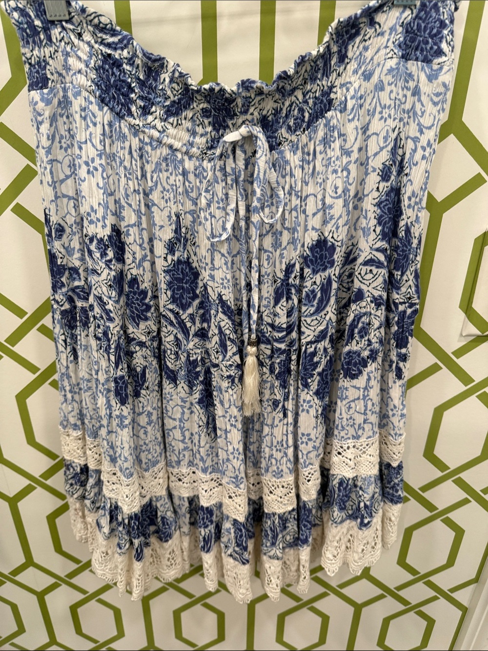 Lola P. Darling Boho Blue and‎ White Floral Smocked Skirt!